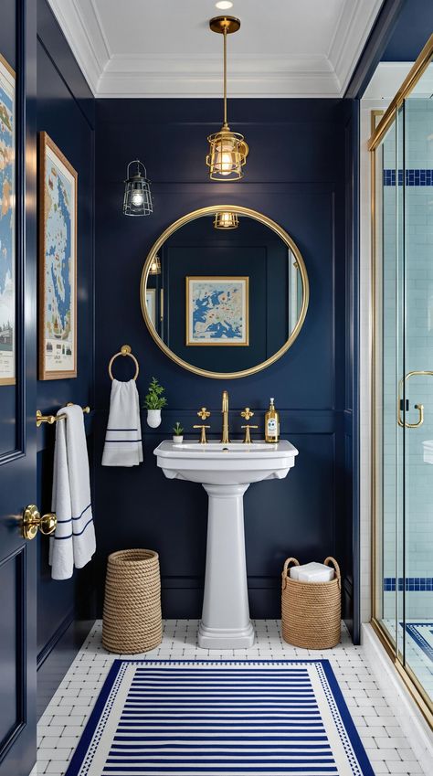 Coastal Inspired Bathrooms Blue Coastal Bathroom, Navy And White Bathroom, Blue And Yellow Bathroom, Boat Bathroom, Nautical Theme Bathroom, Nautical House, Blue And White Bathroom, Seaside Bathroom, Ocean Themed Bathroom