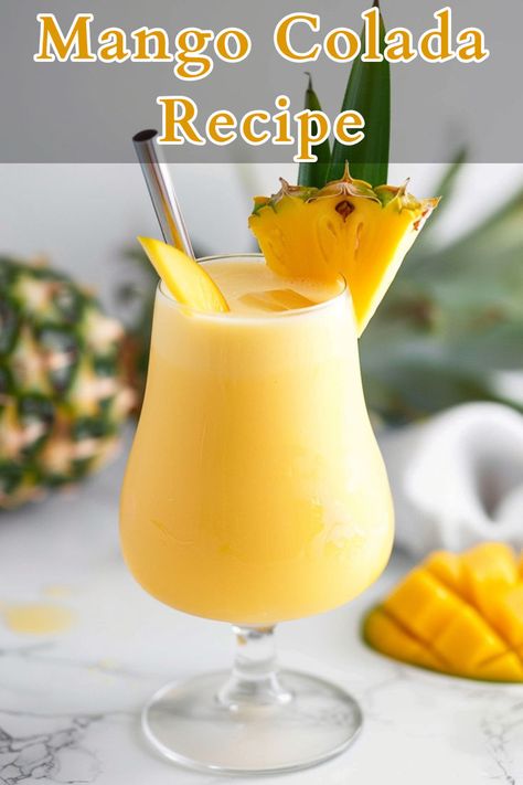 The Mango Colada is a tropical twist on the classic piña colada, blending the sweetness of frozen mango and pineapple with the creamy richness of coconut. Mango Colada, Summer Rum Cocktails, Dark Rum Cocktails, Rum Cocktails Easy, Mango And Pineapple, Cocktails To Make At Home, Pina Colada Recipe, Rum Cocktail Recipes, Frozen Mango