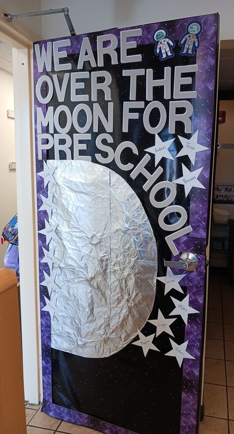 Moon Door Decorations Classroom, Classroom Door Space Theme, Moon Classroom Decor, Space Hallway Decorations School, Space Door Decorations, Outer Space Bulletin Boards, Space Theme Bulletin Boards, Moon Bulletin Board, Space Bulletin Board Ideas