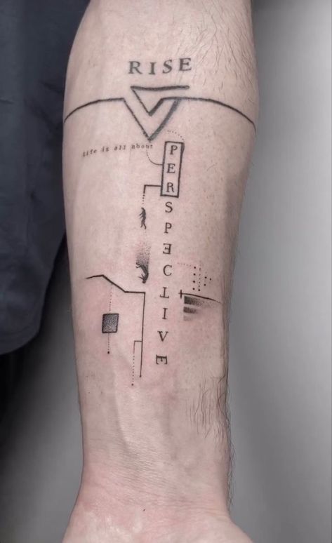 Time Concept Tattoo, Concept Tattoos Men, Prospective Tattoo, Perspective Tattoo Design, Tattoo Sentences, Perspective Tattoo, Perspective Tattoos, Concept Tattoo, Tricep Tattoos