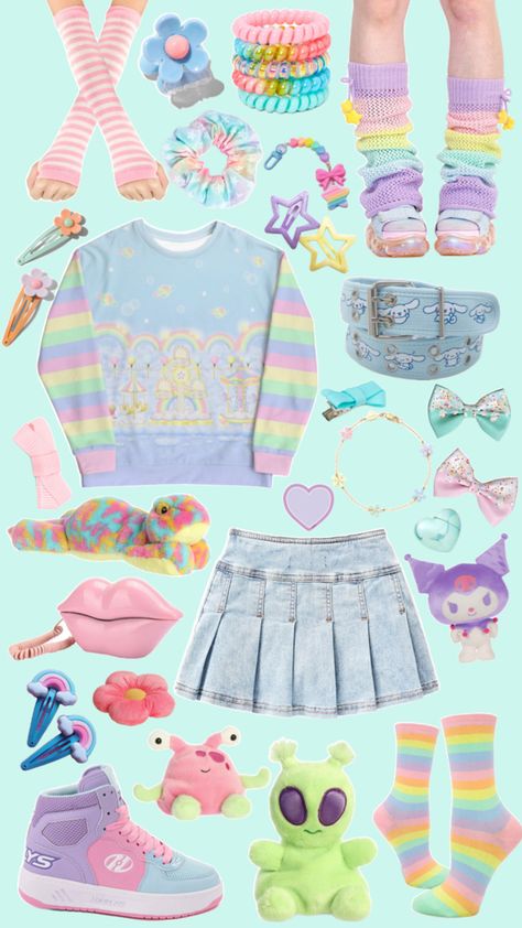 Pastel collage 2000s Fashion Outfits Ideas, Phone Wallpapers Quotes, Decora Kei Fashion, Decora Outfits, Cutecore Clothes, Pastel Collage, Pastel Kidcore, Pastel Clothing, Big Boots