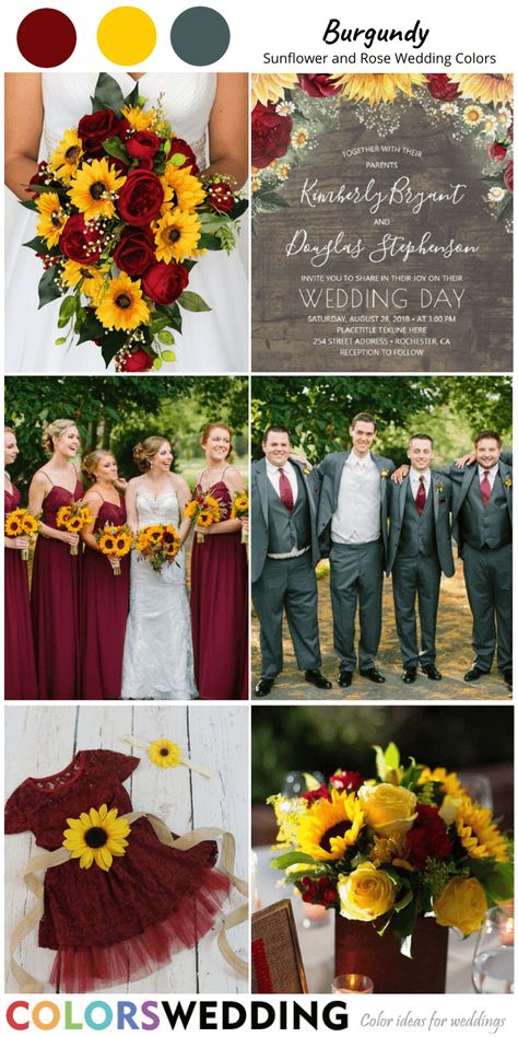 Sunflowers And Red Roses, Burgundy Red Wedding, Sunflower Themed Wedding, Wedding Color Combos, Wedding Altars, Fall Wedding Invitations, Fall Wedding Colors, Sunflower Wedding, Wooden Wedding