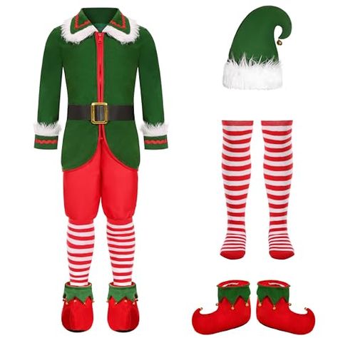 Gortykor Kids Christmas Elf Costume for Boys Holiday Elf Costume Outfit Pantomime Outfits, Kids Elf Costume, Elf Boy, Elf Boots, Christmas Elf Costume, Elf Dress, Elf Cosplay, Striped Stockings, Kids Costumes Boys