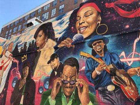 A gorgeous mural outside a beloved D.C. restaurant pays homage to famous Black Americans. Famous Murals, Music Room Organization, Regional Food, Barack And Michelle, Chili Bowl, Cabo Verde, Black Authors, Bill Cosby, Famous Black