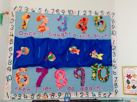 Counting to 10 wall display using the nursery rhyme 1 2 3 4 5 .. Foundation phase children's work Nursery Rhyme Display Boards, Work Notice Board, Nursery Display Boards, Notice Board Ideas, 5 Little Ducks, Frog Nursery, Nursery Rhymes Preschool, Eyfs Classroom, March Activities