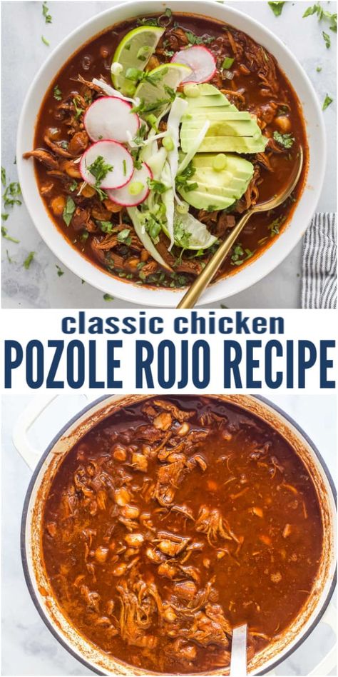 This Chicken Pozole Rojo Recipe is made with a variety of red chilis for deep rich flavors, shredded chicken and hominy. Each bite boasts of authentic Mexican flavors for the perfect comforting dinner recipe. #pozolerecipe #chickenpozole #pozolerojo #souprecipes #chickenrecipe #easydinnerideas #easychickenrecipes Pasole Recipe Chicken Red, Recipes For Dinner Mexican Authentic, Pozole Recipe Rojo, Pozole Soup Recipe, Chicken Pozole Rojo Recipe, Pozole Recipe Chicken Crock Pot, How To Make Chicken Pozole, Pozole Chicken Recipe, Chicken Red Pozole Recipe