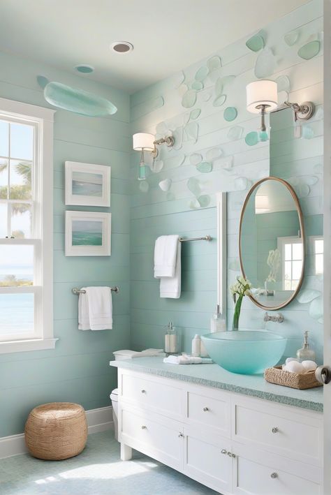 Dive into a coastal oasis with Beach Glass (1564)! Unwind in your bathroom with soft aqua tones and create a serene retreat with these daily interior designer routines. #Ad #homedecor #homedesign #bathroom #Painthome interiorarchitecture best Wall Colors for Bathroom Colors Bright Room Colors best colors combinations bathroom bathroom Remodeling Modern Paint Colors 2024 Beachy Bathroom Paint Colors, Beach Glass Bathroom, Beachy Bathrooms, Paint Colors 2024, Bright Room Colors, Teal Bathroom Ideas, Aqua Bathroom, Coastal Bathroom Design, Best Wall Colors