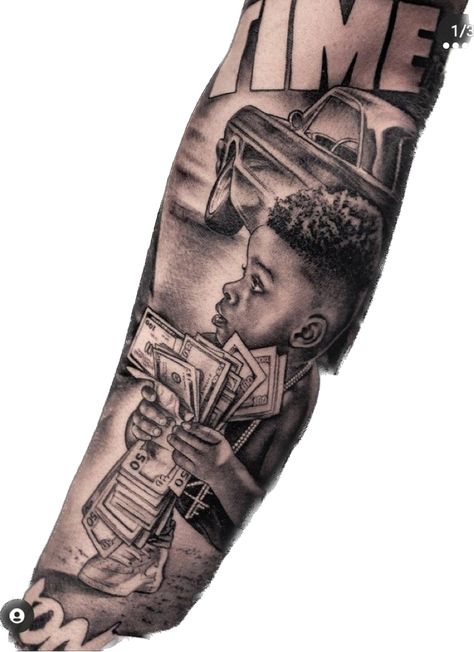 Bank Roll Tattoo, Tattoos Street Style, Maffia Tattoo, Street Tattoos, Leg Tattoo Men Sleeve, Time Is Money Tattoo, Get Rich Or Die Trying Tattoo, Pirate Girl Tattoos, Star Sleeve Tattoo