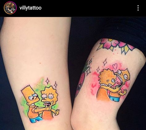 Siblings Tattoo For 3, Bart And Lisa, Sister Tattoo Designs, Simpsons Tattoo, Brother Sister Tattoo, Brother Tattoos, Upper Back Tattoos, O Tattoo, Sibling Tattoos