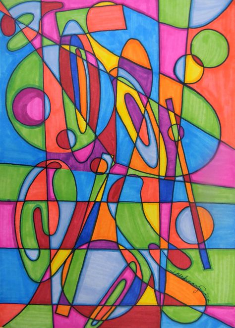 Abstract Emotions- prismacolor marker on illustration board. (n.d). Abstract emotions is a piece I created along side of my students. It is a class project which I felt compelled to create. The work uses geometric and organic shape and color choices are alternating between warm and cool. Everyday in a classroom is new and the chaos of this piece represents how I feel as an art teacher. Shapes Drawing Geometric, Element Of Art Shape Projects, Examples Of Shape In Art, Shape And Form Art Projects, Elements Of Art Shape Projects, Geometric And Organic Shapes Art Project, Abstract Art With Shapes, Organic And Geometric Shapes Art, Abstract Marker Art