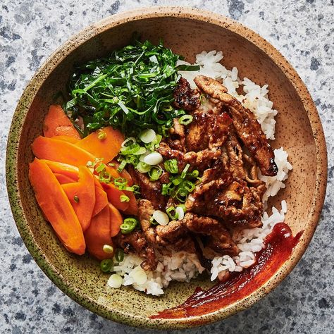 Spicy Pork Bowl, Spicy Pork Tenderloin, Pork Bowl, Chile Colorado, Ginger Pork, Sauteed Kale, Red Rice, Spicy Pork, Sauteed Veggies