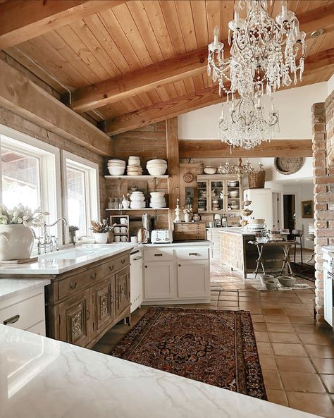 Colorful Rustic Kitchen, Fun Color Kitchen, Bright Rustic Kitchen, Cottage Core Modern Kitchen, White Rustic House, Rustic House Farmhouse, White Rustic Kitchen, Espoma Organic, Terra Cotta Flooring