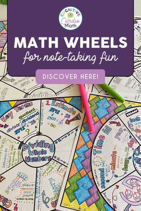 Are you seeking a fun, engaging note-taking method for math in upper elementary and middle school? Try these interactive math wheels for organizing math notes! Make math fun with printable math wheel options for 4th grade, 5th grade, 6th grade, 7th grade, and homeschool students. Math Note Taking Ideas, Grade 7 Classroom, 5th Grade Math Classroom Setup, Math Wheels, Math Wheel, Grade 7 Math, Back To School Math Activities, Grade 5 Math, 5th Grade Math Games