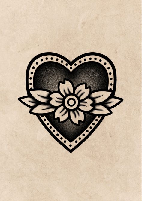 Black And White Tattoo Flowers, Heart Above Knee Tattoo, Traditional Style Stamp Tattoo, Celestial Traditional Tattoo, Traditional Heart Flash, American Traditional Lucky Tattoo, American Trad Heart Tattoo, American Traditional Elbow Ditch Tattoo, Feminine Old School Tattoo