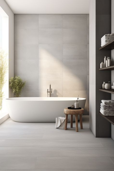 Bathroom, grey tile walls, concrete pillar, white bathtub, wooden stool, shelf with bathroom necessities. Grey Bathroom With Bathtub, Grey Concrete Bathroom, Soft Grey Bathroom, Bathroom With Tile, Modern Scandinavian Bathroom, Large Tile Bathroom, Minimal Bathroom Design, Concrete Pillar, Modern Master Bathrooms