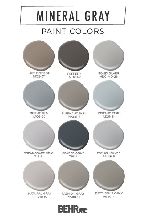 Refresh the interior design of your home with this mineral gray paint color palette from Behr paint. From warm to cool and light to dark varieties, these shades are perfect for creating a calming effect in your bedroom or bathroom. Click below to learn more. Behr Bronze Paint Colors, Behr Distant Star, Calming Office Paint Colors Behr, Foggy London Behr Paint, Fashion Gray Behr Paint, Distant Star Paint Behr, Behr Dark Gray Paint, Behr Fashion Gray, Door Color Ideas Interior