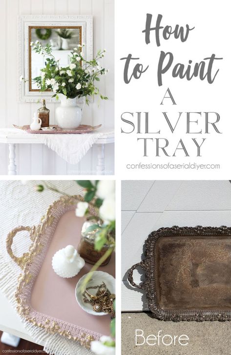 Silver Tray Decor, Cabinet Doors Repurposed, Repurposed Headboard, Silver Serving Trays, Painted Side Tables, Silver Platters, Silver Tea Set, Silver Plated Trays, Decoupage Tissue Paper