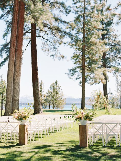 Small Lakefront Wedding, Garden Lake Wedding, Lakeside Mountain Wedding, Wedding On A Lake Ideas, June Lake Wedding, Outside Lake Wedding Ideas, Edgewood Lake Tahoe Wedding, Lake Side Wedding Ceremony, Wedding On The River