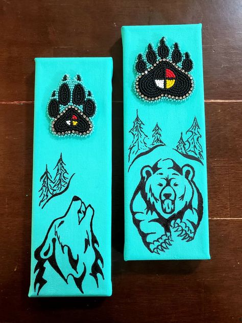 Beautiful beaded and painted artwork, indigenous artist, wolf, bear , beadwork, turquoise paint, paw print Bear Paw Painting, Choctaw Symbols, Beaded Bear Paw, Metis Art, Indigenous Beading, Indigenous Crafts, Wolf Paw Print, Indigenous Beadwork, Turquoise Paint