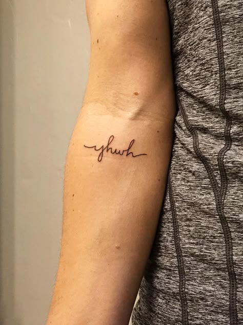 YHWH tattoo Yahweh  I AM Faith Quote Tattoos For Women, Ywhw Tattoo Ideas, Yhwh Tattoo Cursive, Yahweh Tattoos For Women, Tattoos With Biblical Meaning, And Tattoo, Yhwh Tattoo Ideas, Minimalist Tattoo Faith, Simple Biblical Tattoos