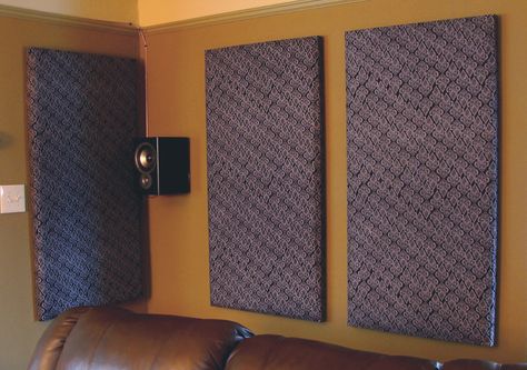 DIY acoustic tiles sound proofing home theater for around $20 each Diy Sound Absorbing Panels Cheap, Diy Soundproofing Room, Diy Sound Proofing Walls Cheap, Diy Sound Absorbing Panels, Sound Panels Diy, Soundproof Room Diy, Soundproofing Panels, Soundproofing Diy, Acoustic Tiles