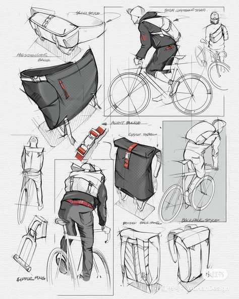 转发 // Products Sketch, Backpack Design Concept, Bike Messenger Bags, Backpack Project, Bag Drawing, Industrial Design Portfolio, Ride Bike, Bike Messenger, Object Drawing