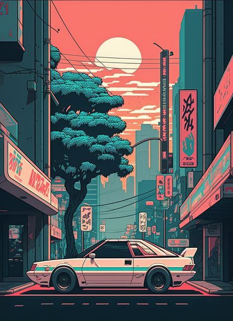 A Nostalgic Ode to 80's Japanese Citypop. Pop Art Wallpaper Backgrounds Wallpapers, Art Pop Aesthetic, Cars Anime, Japanese Pop Art Wallpaper, Retro Japanese, Japanese City Art, Car Anime, Japanese Retro Art, Japanese Car Aesthetic