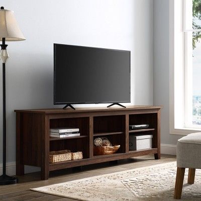 70 Wood Media TV Stand Storage Console Dark Walnut - Saracina Home Rustic Wood Tv Stand, Dark Wood Tv Stand, Walnut Tv Stand, Walker Edison Furniture, Storage Console, Wood Tv Stand, Tv Stand With Storage, Wood Tv, Walker Edison