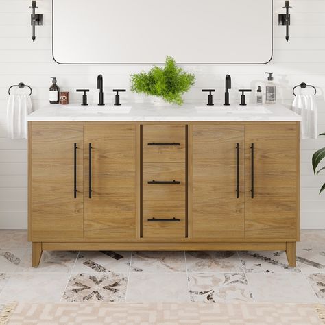 Eviva Graham 60"W x 22"D Oak Double Sink Bathroom Vanity with White Arabescato Engineered Stone Countertop - On Sale - Bed Bath & Beyond - 41430326 Engineered Stone Countertops, Oak Bathroom Vanity, Widespread Faucet, Oak Bathroom, Stone Countertop, Ceramic Sinks, Double Sink Bathroom, Double Sink Bathroom Vanity, Stone Sink