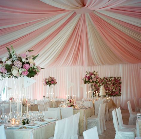 Pink and white stripe wedding reception tent Pink Wedding Receptions, Wedding Tent Decorations, Romantic Table Decor, National Pink Day, Pink Tent, Pink Wedding Decorations, Pink Weddings, Ceiling Draping, Pink And White Weddings