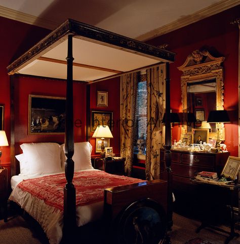 A four-poster bed with a carved top dominates this dark red bedroom which is filled with objects Red Bedroom Design, Romantic Bedroom Design, Red Bedroom Decor, Red Bedroom, Bedroom Red, Red Decor, Red Rooms, Trendy Bedroom, Bed Sets