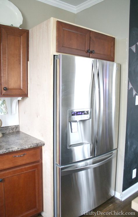 Step by step tutorial on building in a cabinet on top of the refrigerator. Extend Kitchen Cabinets, Extend Kitchen, Fridge Ideas, Above Fridge, Refrigerator Ideas, Barn Hacks, Refrigerator Cabinet, Black Granite Countertops, Thrifty Decor Chick