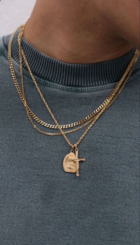 Men’s Layered Chains, Men Jewelry Aesthetic, Adamo Falcone, Mens Jewelry Aesthetic, Chain Necklace Outfit, Cross Gold Necklace, Men Cross Necklace, Jóias Body Chains, Mens Necklace Fashion