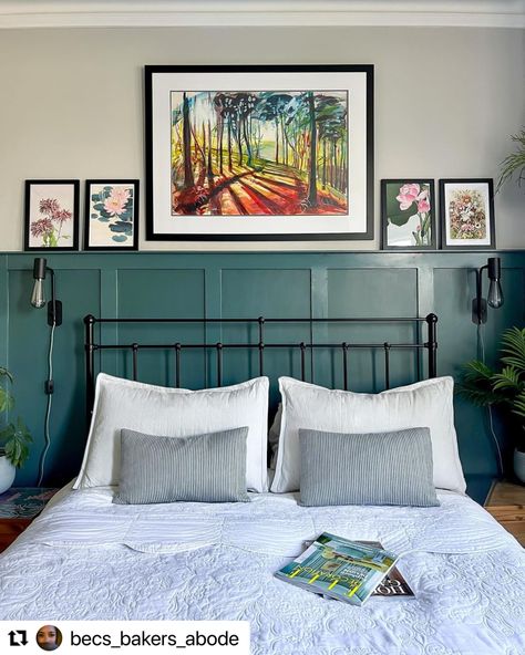 Loving how @becs_bakers_abode styled our cut-to-size shaker panelling in their gorgeous bedroom! The deep teal colour creates a stunning backdrop for the art-filled wall and cosy bed setup. Teal Panelling Bedroom, Teal Panelling, Shaker Panelling, Shaker Wall Panelling, Bedroom Panelling, Bed Setup, Shaker Wall, Teal Bedroom, Cosy Bed