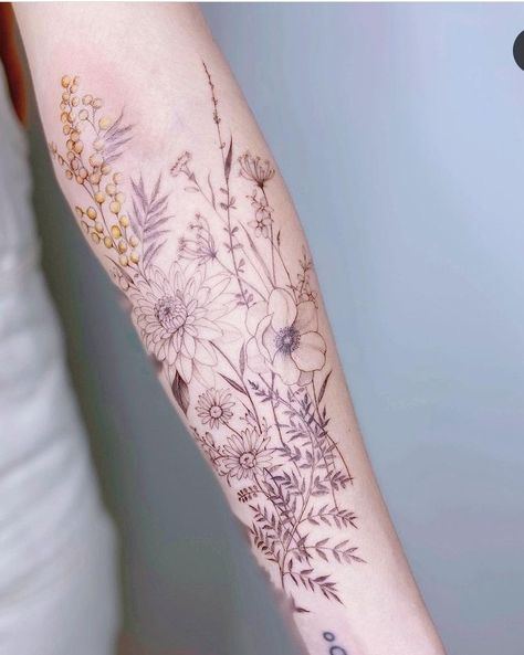 Wild Flowers Arm Tattoo, Alaskan Wildflowers Tattoo, Watercolour Wildflower Tattoo, Michigan Wildflowers Tattoo, Wild Flower Fine Line Tattoo, Wild Flower Arm Tattoo, Lupin Tattoo Flowers, Hedgerow Tattoo, Long Stem Flower Tattoo