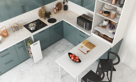 Space Saving Kitchen Design With A Foldable Breakfast Counter Foldable Kitchen Counter, Folding Breakfast Table In Kitchen, Foldable Breakfast Counter, Foldable Breakfast Counter In Kitchen, Kitchen Cum Dining Ideas, Foldable Bar Counter, Breakfast Counter Ideas, Folding Breakfast Table, Foldable Kitchen Table