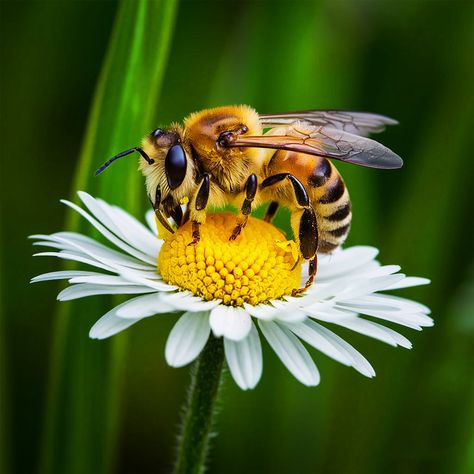 ✅ A stunning close-up photograph of a honey bee perched on a pristine white daisy flower. The bee's fuzzy, golden-brown body is covered in intricate details, and its wings are spread wide as it gathers nectar from the flower's vibrant yellow center. The bee's compound eyes and antennae are clearly visible, showcasing the fascinating complexity of this tiny creature. The verdant green background creates a striking contrast that brings the bee and flower into sharp focus. The composition artfu... Bee Close Up, Photographs Of Flowers, Bees Pollinating Flowers, Honey Bee On Flower, Honey Bee Flying, Bee Pictures Art, Bee Photos, Animals With Flowers, Honey Bee Photos