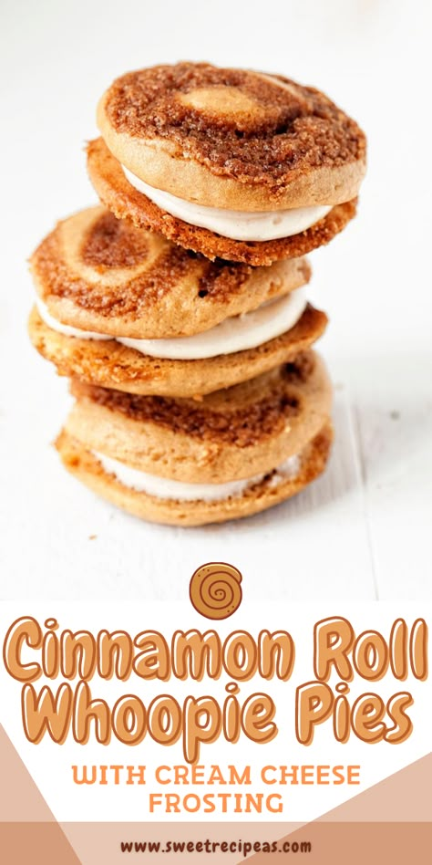 Cinnamon Roll Whoopie Pies with Cream Cheese Frosting Easy Whoopie Pie Recipe, Cinnamon Whoopie Pies, Woopie Cookies Cake Mixes, Cinnamon Roll Whoopie Pie, Cake Mix Whoopie Pie Recipe, Sourdough Whoopie Pies, Peach Whoopie Pies, Cream Cheese Whoopie Pie Filling, Whoopie Pies From Box Cake