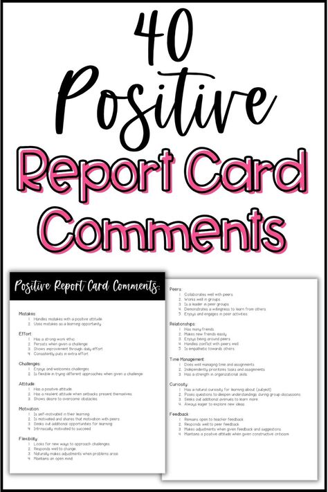 🌟 FREE - No more wasting time trying to think of report card comments. Just grab this PDF download full of positive report card comments and add it to your gradebook binder. Positive Student Comments, Report Card Comments For Middle School, Report Card Comments For Second Grade, Preschool Report Card Comments Kindergarten, Teachers Comments For Report Cards, Positive Report Card Comments, Positive Comments For Students, Preschool Report Card Comments, Remarks For Report Card