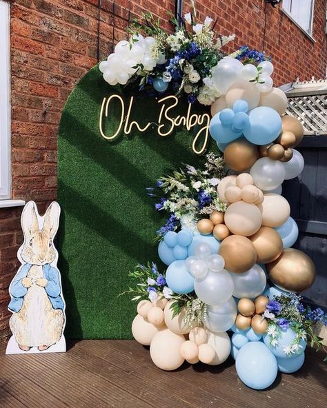 Feather and Fox on Instagram: "Peter Rabbit baby shower backdrop 🥕 . It’s been so lovely to be party of this little family’s little journey starting with the wedding to baby gender reveal and now this garden baby shower. Wishing you all the very best @jade182 @nickallen_ hope little Isaac is ok in this heat x . . #peterrabbittheme #peterrabbitbabyshower #babyshowerbackdrop #babyshowerinspo #newbaby #peterrabbit" Peter Rabbit Balloon Ideas, Peter Rabbit Baby Shower Balloons, Peter Rabbit Photo Backdrop, Easter Theme Baby Shower Ideas, Peter Rabbit Balloon Arch, Easter Themed Baby Shower Ideas, Peter Rabbit Backdrop, Peter Rabbit Baby Shower Ideas Decor, Peter Cottontail Baby Shower Ideas