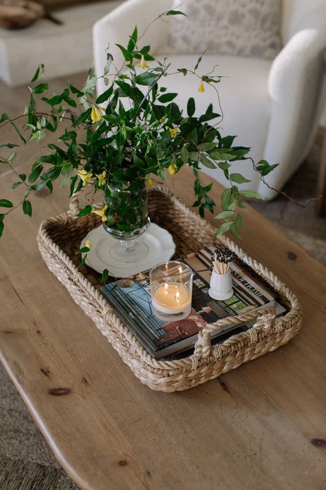 Spring Cleaning Organization Favorites for a Tidy Home | Laine and Layne Coffee Table Basket Tray, Candle On Coffee Table, Small Coffee Table Styling, Table Tray Decor Ideas Living Room, Coffee Table Basket Decor, Dining Table Tray Decor, How To Style A Coffee Table, Rectangle Coffee Table Decor, Coffee Table Basket