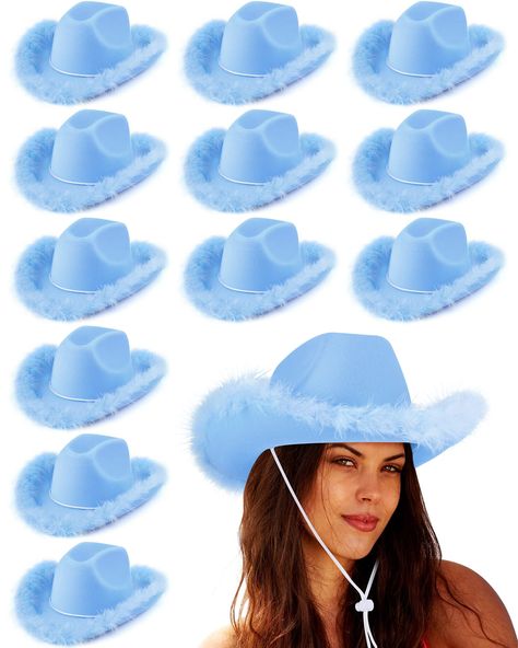 PRICES MAY VARY. Package Includes: you will get 12 blue cowboy hats, a matching feather trim around the turned up style brim, enough quantity and classic styles can meet your use or replacement needs, this blue cowgirl hat is an essential accessory for every cowgirl, who dreams of becoming a rodeo princess, ideal for costumes and themed events Proper Size: this western cowgirl hat measures about 38 x 30 cm/ 14.96 x 11.81 inches, with a neck drawstring design, you can adjust according to your own Cowgirl Turquoise, Hat With Feather, Western Bachelorette, Girl Western, Western Costumes, Western Party, Wedding Bachelorette Party, Felt Cowboy Hats, Pink Cowgirl