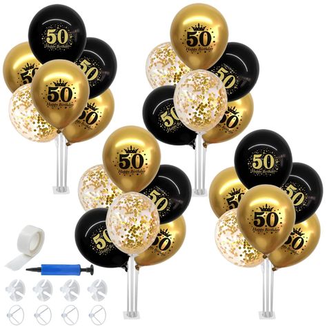 PRICES MAY VARY. 50th birthday table centerpiece balloons set: You will get 4 pack of balloons stand kit (stick + cup + base), 12pcs of 12-inch gold balloon, 12pcs of 12-inch black balloons, 12pcs of 12-inch gold dot balloons, 1pc of pump, and multiple adhesive dots, enough quantity for the 50th birthday party table centerpiece decoration. Premium material: Black and gold balloons are made of natural latex, thick and strong, ensuring that they remain stable and secure as a standout element of yo Centerpieces 50th Birthday, 50 Birthday Balloons Decoration, 50th Birthday Centerpiece For Women, Black And Gold 50th Birthday Decor, 50th Birthday Party Table Decorations, 50th Birthday Party Decorations For Men, Black And Gold 50th Birthday Table Decorations, Black And Gold 70th Birthday Centerpieces, 50th Birthday Party Ideas For Men Theme Decoration