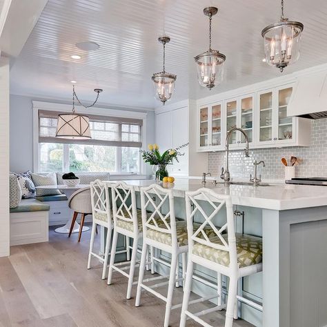 Light And Bright Kitchen, Blue Kitchen Island, Light Blue Kitchens, Backsplash Tile Design, Bright Kitchen, Beach Kitchens, Beach House Kitchens, Georgia Homes, Classic Kitchen