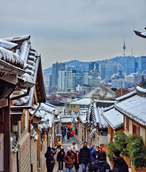 Hanok Village, A Bottle Of Water, Bukchon Hanok Village, Bottle Of Water, Hot And Humid, Traditional Architecture, Cultural Experience, Capital City, Asia Travel