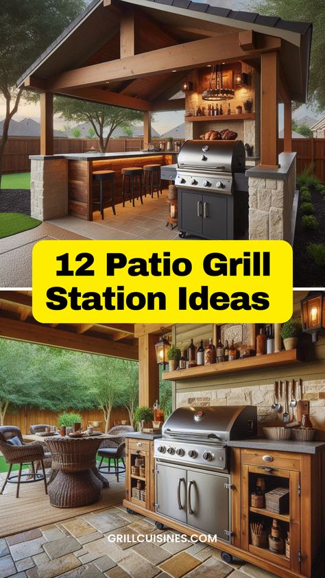 Explore our collection of 13 stunning outdoor grill stations that will transform your patio into a culinary paradise! Whether you prefer a covered setup for all-weather grilling or love the openness of an uncovered area, backyard, deck we've got inspiration to suit every style. Dive into designs that make every cookout unforgettable. Perfect for BBQ enthusiasts looking to enhance their outdoor spaces!#grillstation#outdoorgrillarea#patiogrill Patio Bbq Ideas Built Ins, Grill Stations On Deck, Patio With Cooking Area, Patio Barbecue Area Grill Station, Bbq Areas Outdoor Patio, Outdoor Kitchen And Patio Ideas, Bbq Kitchen Outdoor Grill Station, Outdoor Bbq Area Ideas, Outdoor Grill Station Ideas