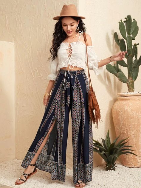 Paperbag Waist Split Wide Leg Tribal Print Pants | SHEIN Bohemian Theme Outfit, Boho Pants Outfit, Printed Pants Outfits, Bohemian Pants, Summer Pants Outfits, Mode Turban, Bohemian Theme, Oufits Casual, Loose Trousers