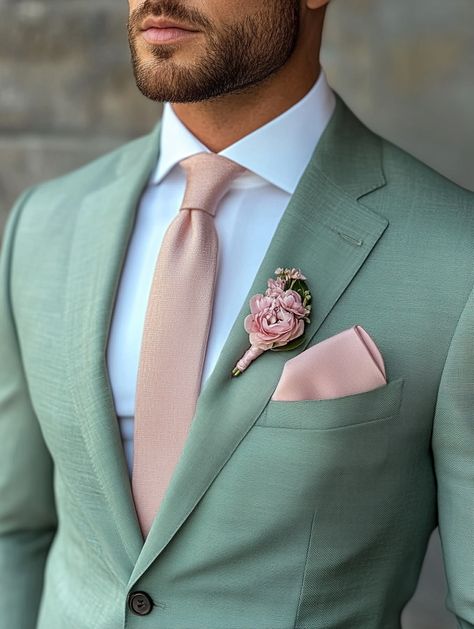 Add a touch of elegance to your look with our mint green suit. Visit our website to explore more.   #UniqueStyle #WeddingAttire #mensfashionwear#trustycoders #menstylepage #fashion #mensfashiontips #mensclothing #menaboutfashion #bespokesuit #bespoke #dapper #ootdmenstyle #mensstreetstyle Pink Groom Attire, Pink And Green Wedding Groomsmen, Sage Green And Blush Mens Wedding Attire, Mint Green Suit Men, Sage Green Tuxedo Wedding, Green Wedding Tuxedo, Green Suits Wedding, Wedding Suit For Groom, Light Green Suit