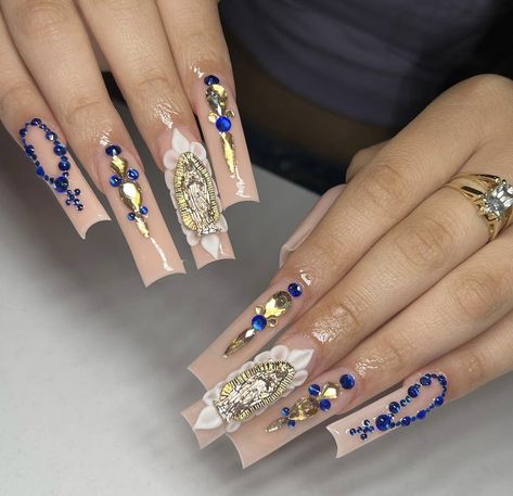 Blue Virgencita Nails, Mexican Nails Acrylic, Blue Nails Long Coffin, Pink Virgencita Nails, Virgencita Nails Short, Blue Latina Nails, Royal Blue And Gold Nails For Quince, Royal Blue Long Nails, Royal Blue Nails For Quinceanera