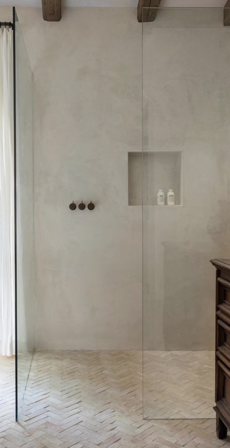 Grey Aesthetic Bathroom, Shower With Same Floor And Wall Tile, Microcement Ensuite, Soft White Bathroom, Micro Cement Shower Room, Surecrete Bathroom, Microcement And Tile Bathroom, Microcement Shower Room, White Microcement